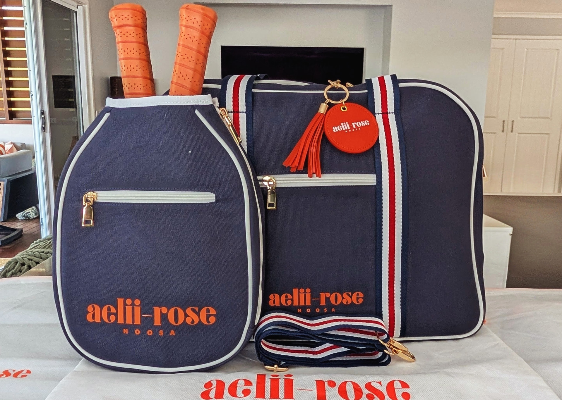 River House navy tote set with striped strap